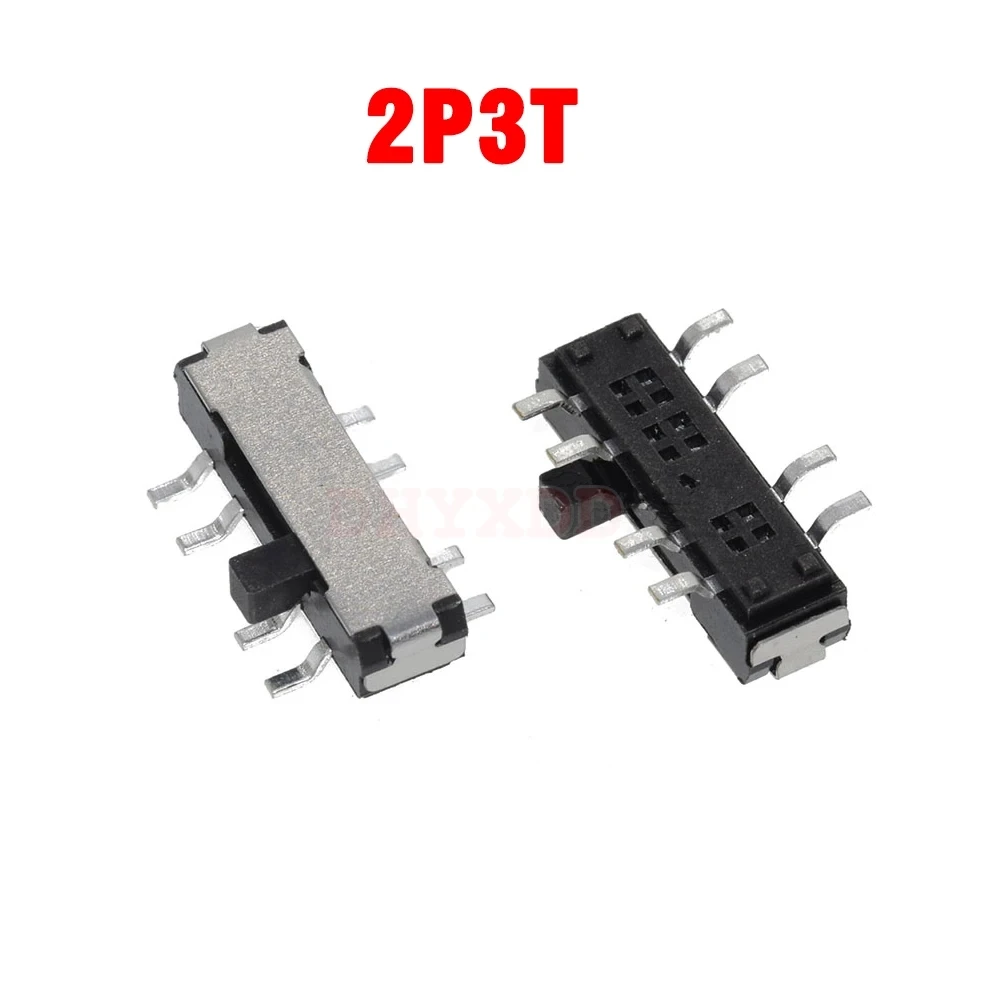 Mini interruptor deslizante lateral SMD, 2 P3T, 8 pinos, 3 posições, altura do punho 2mm, 15pcs