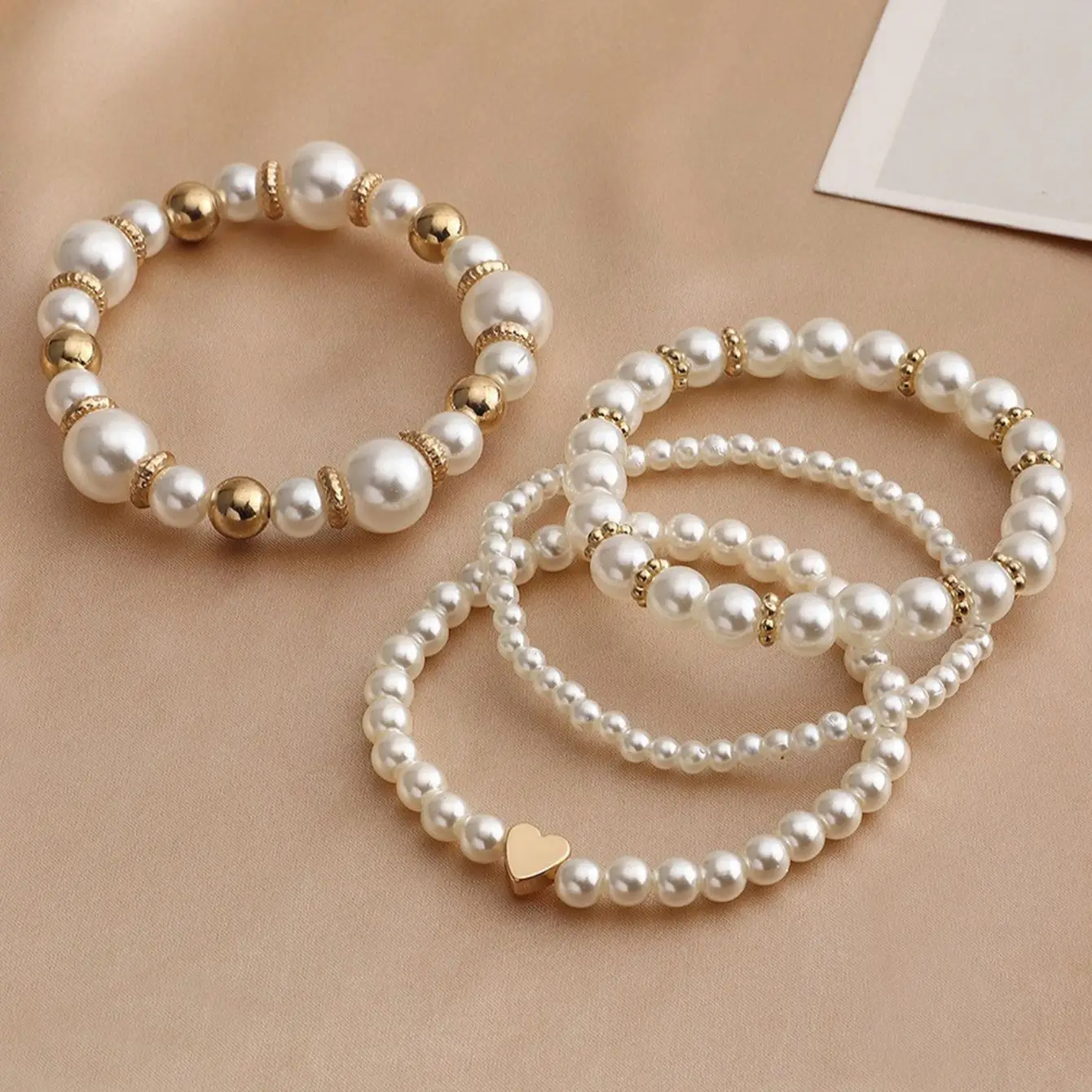 4Pcs/Set Heart White Imitation Pearl Bracelets Set For Women New Trendy Elastic Beaded Bracelet Elegant Wedding Party Jewelry