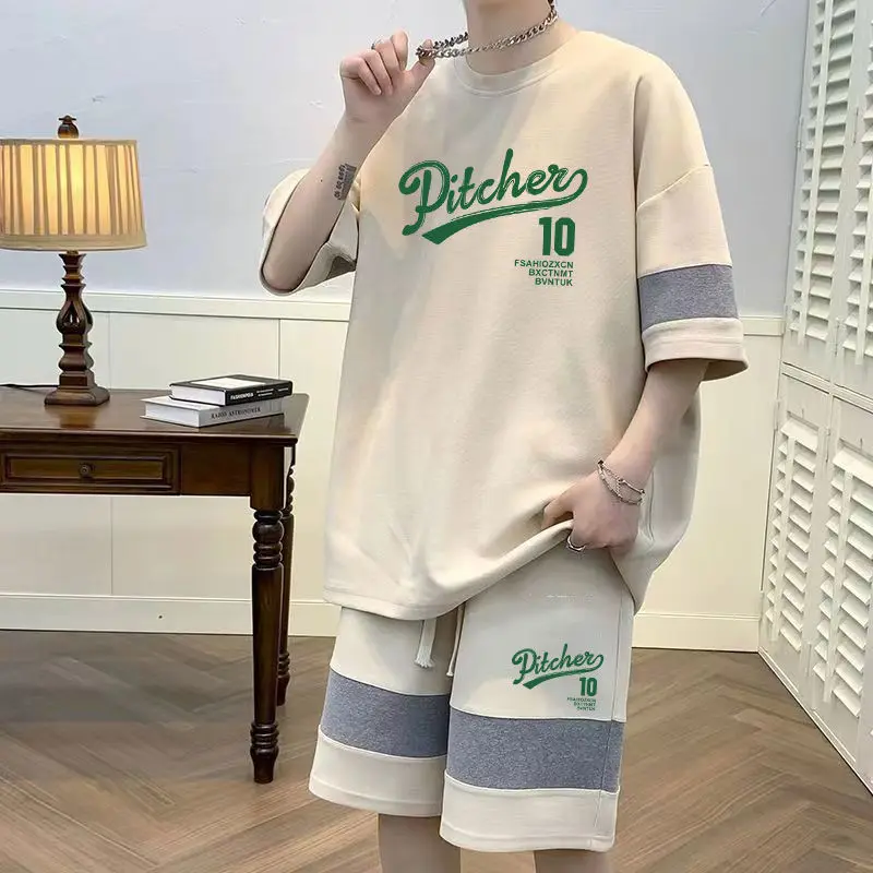 Design Sense Men's Sports suit Summer Wafflough Casual Short-sleeved T-shirt suit Shorts Two-piece Set