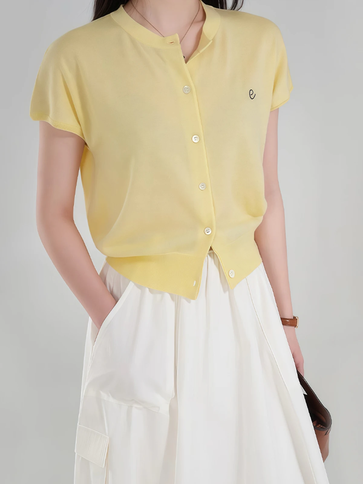 

Ранняя осень Dopne Goose Yellow ort Sve вязаный свитер женский тонкий открытый кардиган с вышивкой топ Z00 для поездок на работу Sl...