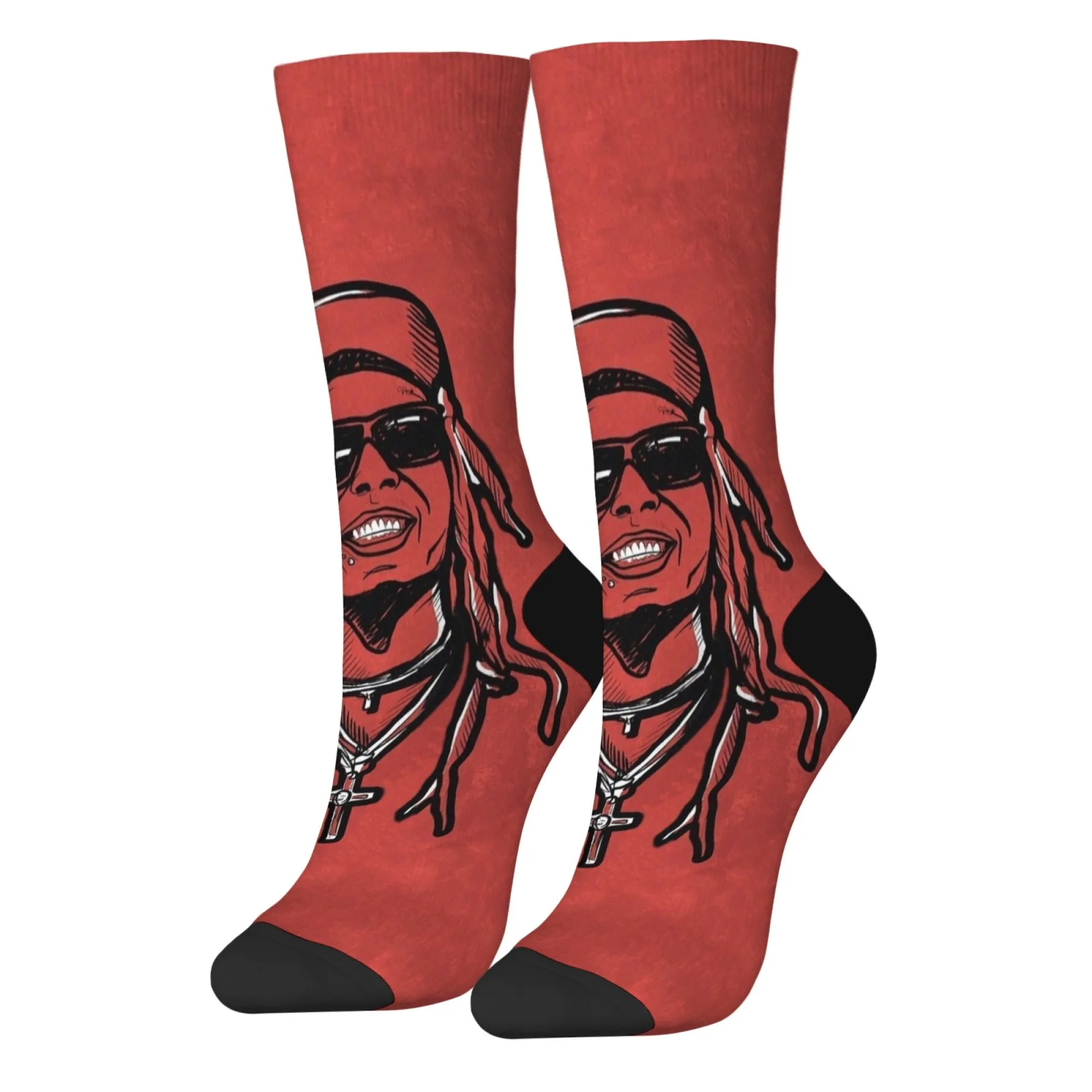Vintage Street Crew Socks Red Retro Character with Cross Necklace Print Edgy Socks for Men Women Cool Gift for Street Style Fans