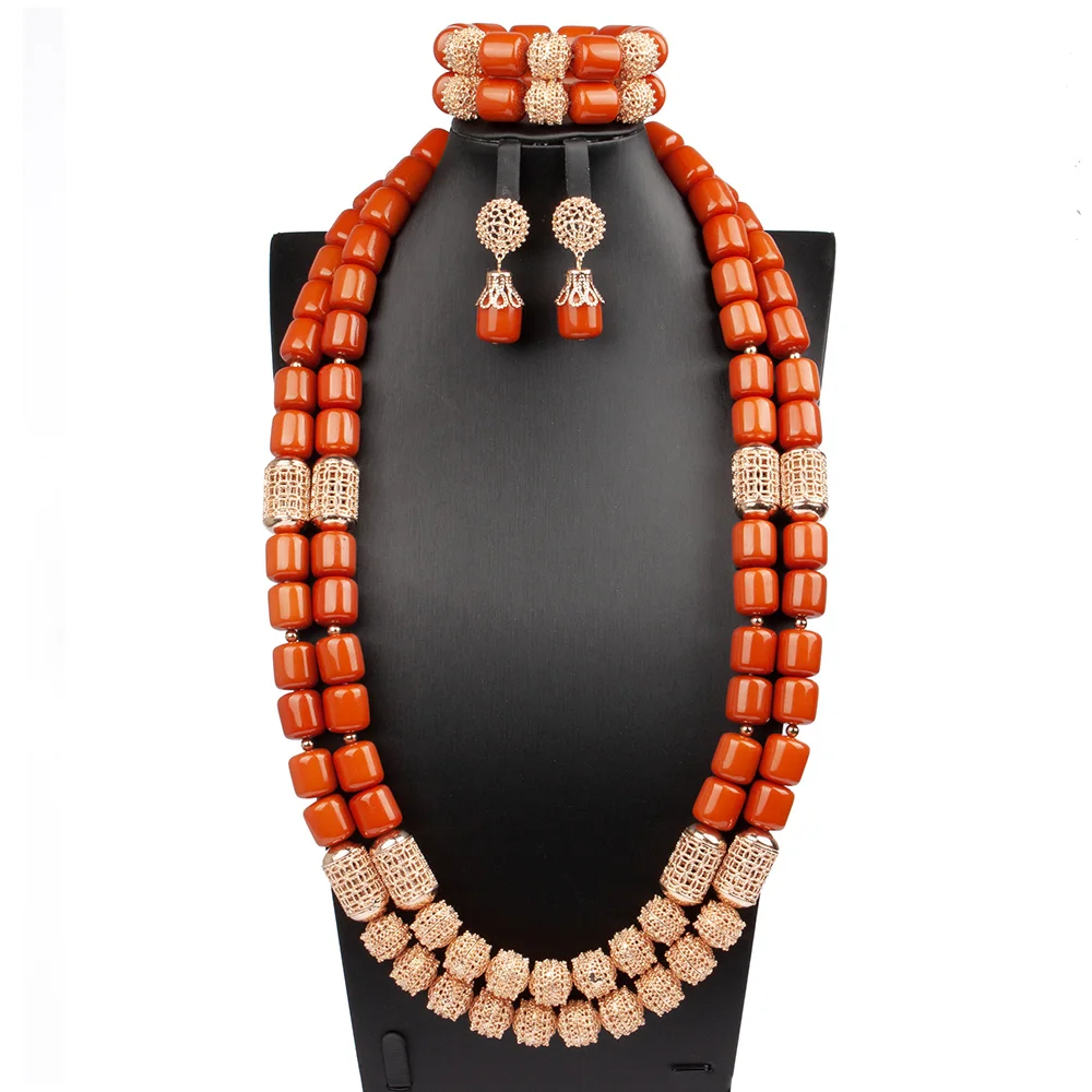 

2022 New Double Layers Artificial Coral Acrylic Beaded Gold Copper Accessory Jewelry Set Long Necklace Bracelets Earrings ABG114