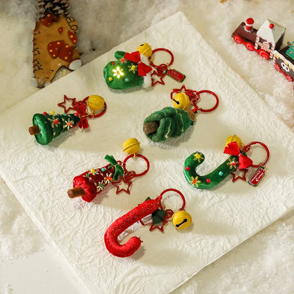 Creative Soft Christmas Key Ring Cane Cartoon Christmas Tree Pendant PP Cotton Keychain Plush Bow Key Ring Friends