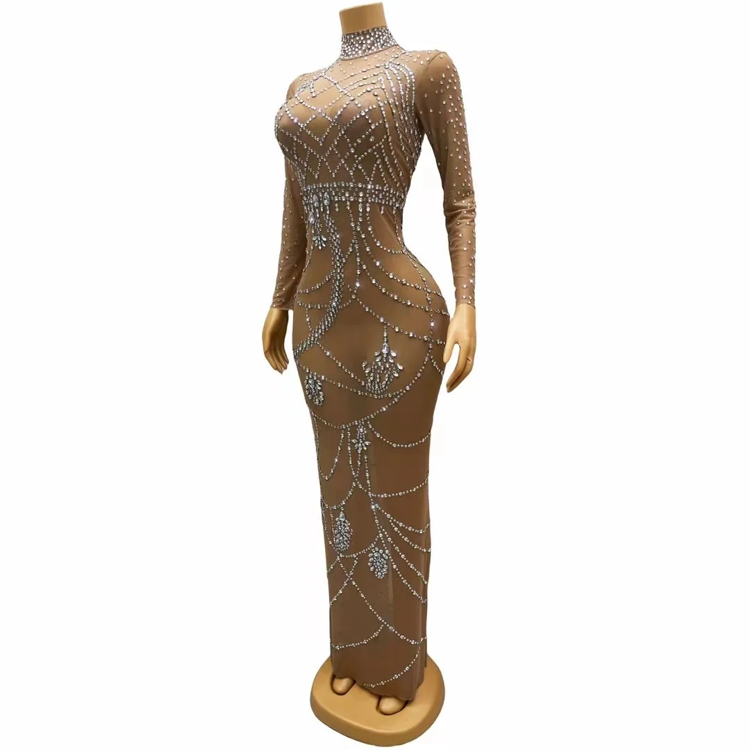 Sexy Brown See Through Mesh Women LongDress Elastic Transparent Shining RhinestonePhoto Shoot Wear Sing Dance  Costume  C338