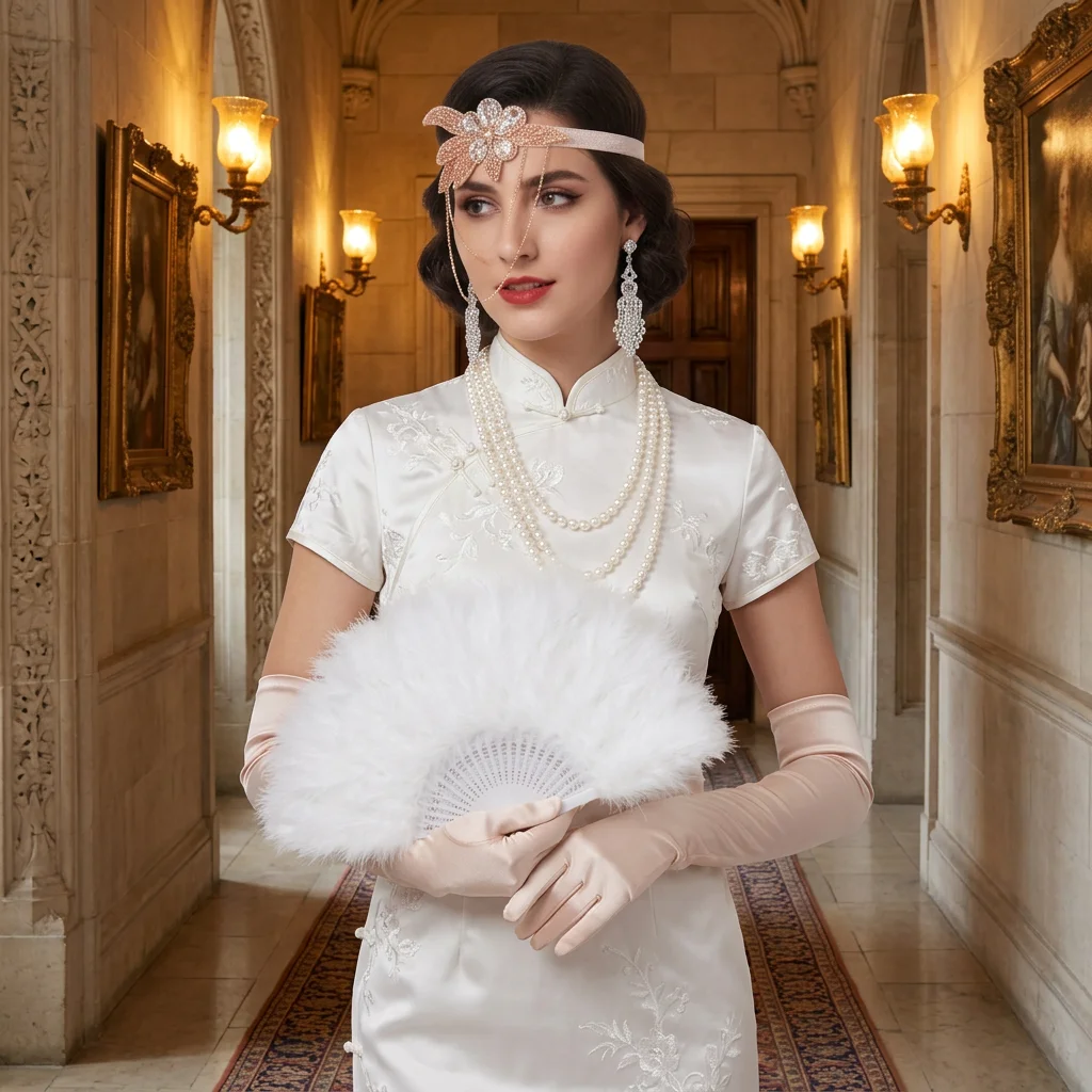 PESENAR 1920s Flapper 5Pcs Costume Accessories Set, Headband Earrings Necklace Feather Fan Gloves, Roaring 20s Halloween Cosplay