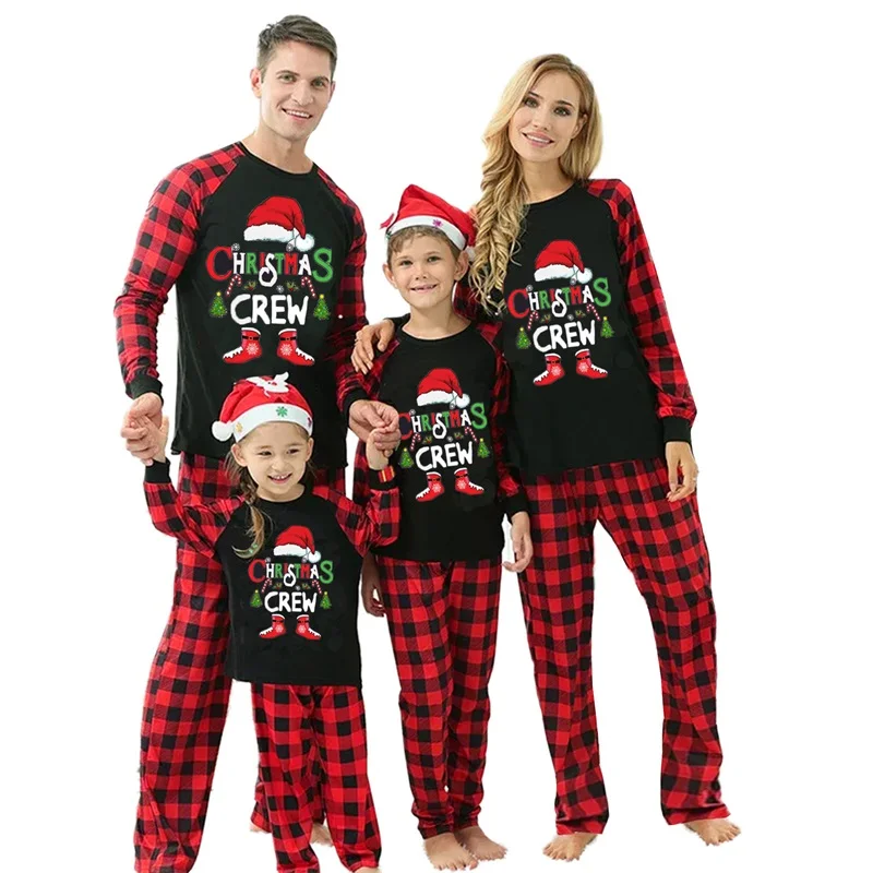 Family Matching Christmas Pajamas Set Baby Romper/Letter Christmas Hat Print Long Sleeve Tops + Plaid Pants Sleepwear Loungewear