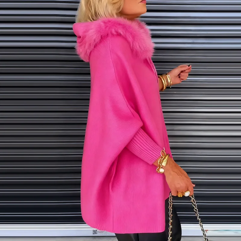 เสื้อแจ็คเก็ตคาร์ดิแกนไหมพรมมีฮู้ดแต่งขนสัตว์สำหรับฤดูหนาว  ทรงหลวม แขนทรงค้างคาว มีกระเป๋า สไตล์ลำลอง วินเทจ เหมาะสำหรับใส่เที่ยว