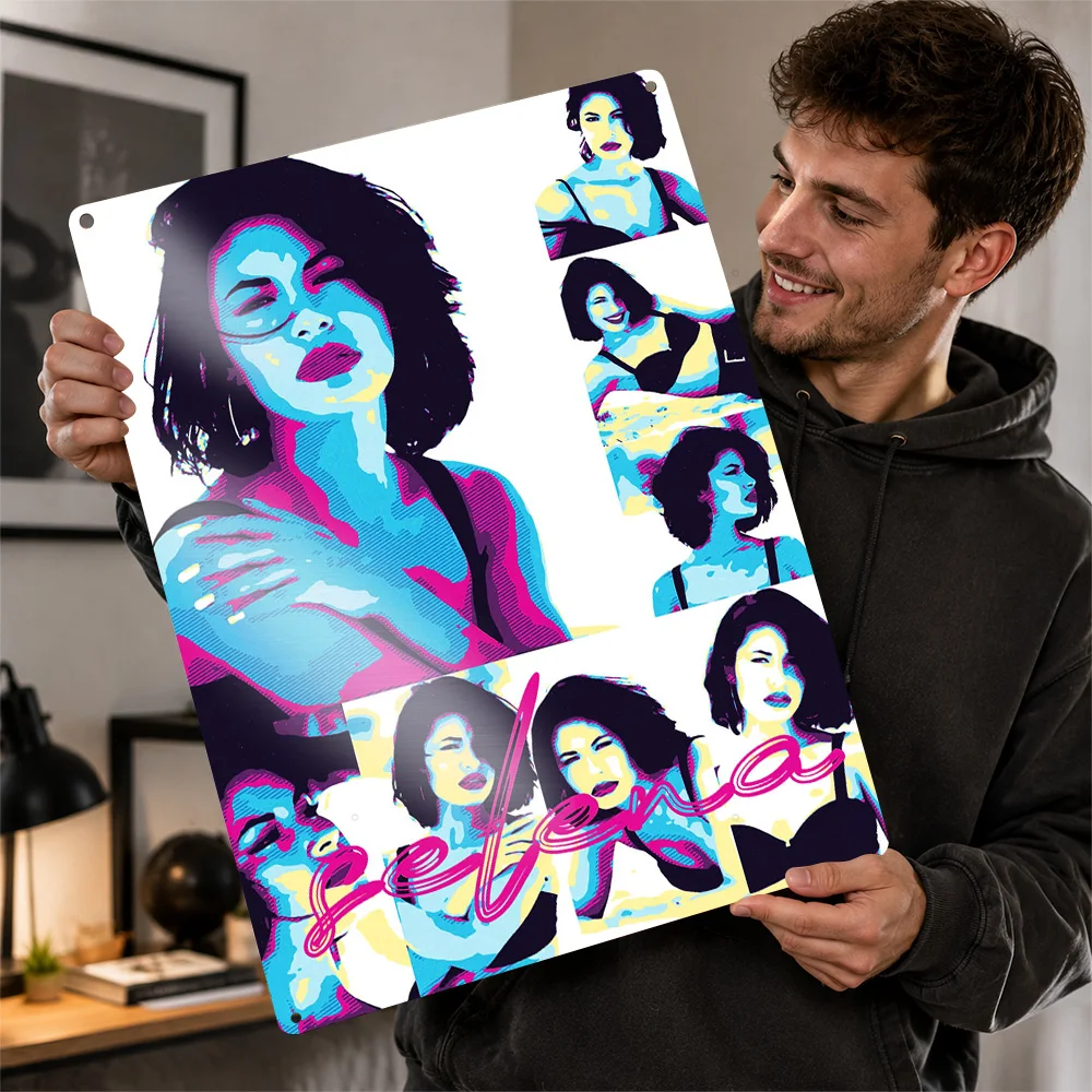 Selena Quintanilla Pop Art Collage 3D Texture Printed Poster Custom Vintage Metal Tin Plate Sign for Wall Art Bathroom Decor