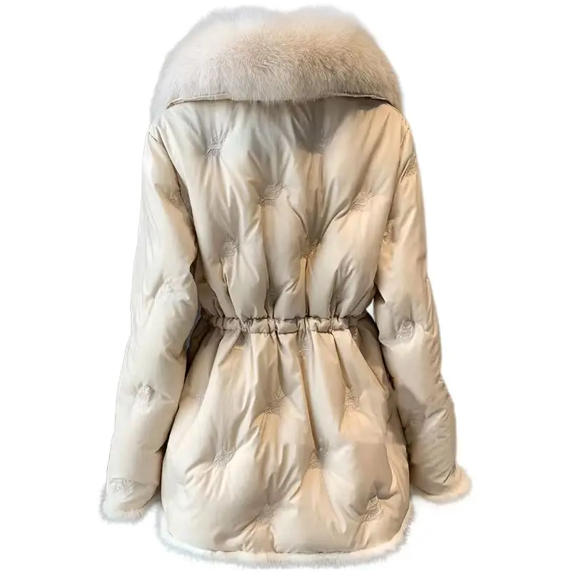 Piumino d\'anatra bianco monopetto da donna, parka in stile cinese, abbigliamento femminile, collo di pelliccia, inverno, nuovo