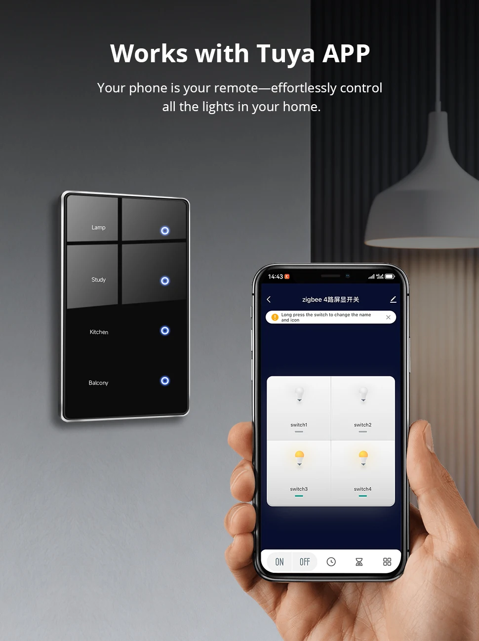 Zemismart Zigbee DIY Namensschalter US Black Touch Panel Smart Display Bildschirm Lichtschalter Funktioniert mit der Tuya Smart Life App – Detail 4
