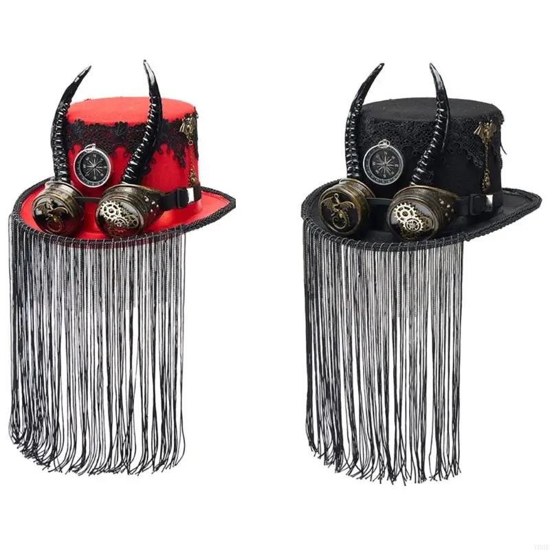 Steampunks Goggle Mit Fransen Dekoration Ziege Horn Kappe Top Cap Kopfbedeckung Für Cosplay Outdoor Event Y08E – Detail 1