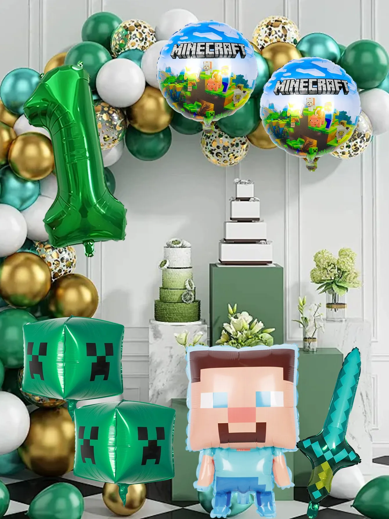 Pixel Game Character Balloon Birthday Party Set, Game Themed Party Decor Kit for Kids Boys Birthday Gathering