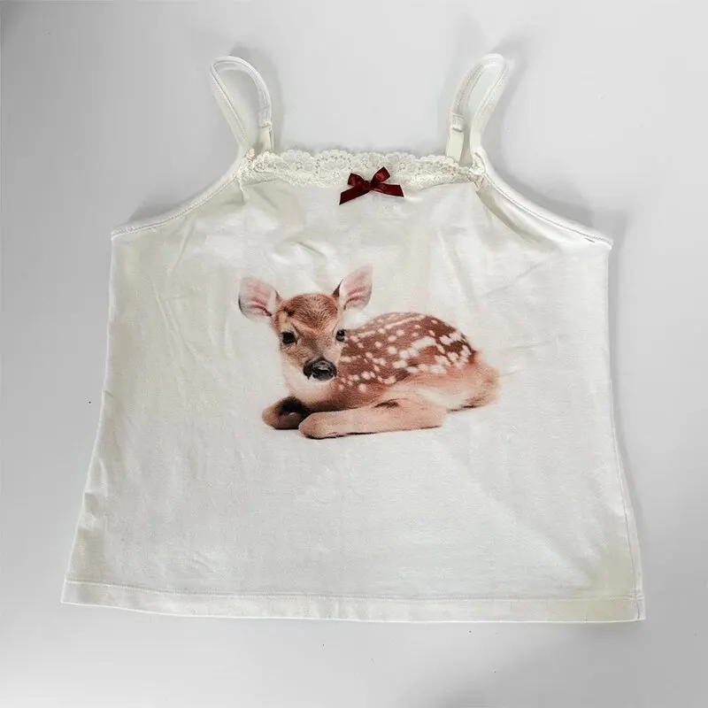 Y2K casual cute deer pattern print slim summer women sleeveless camisole top streetwear punk Harajuku hip hop vintage white tops