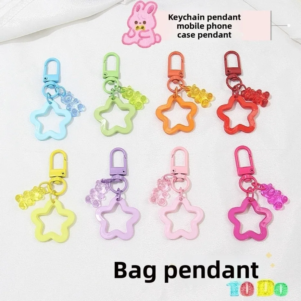 

10pcs Five-Pointed Star Metal Keyrings Buckle with Bear Pendant DIY Mini Key Chain Key Ring Accessories Acrylic