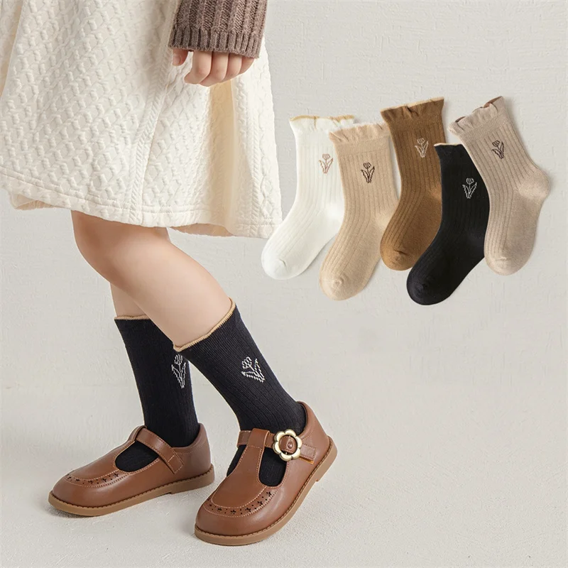 5 Pairs/Set Korean Kids Soft Fashion Socks Children Vintage Solid Color Mid-tube Socks For Boys Girls Princess Lace Socks Autumn