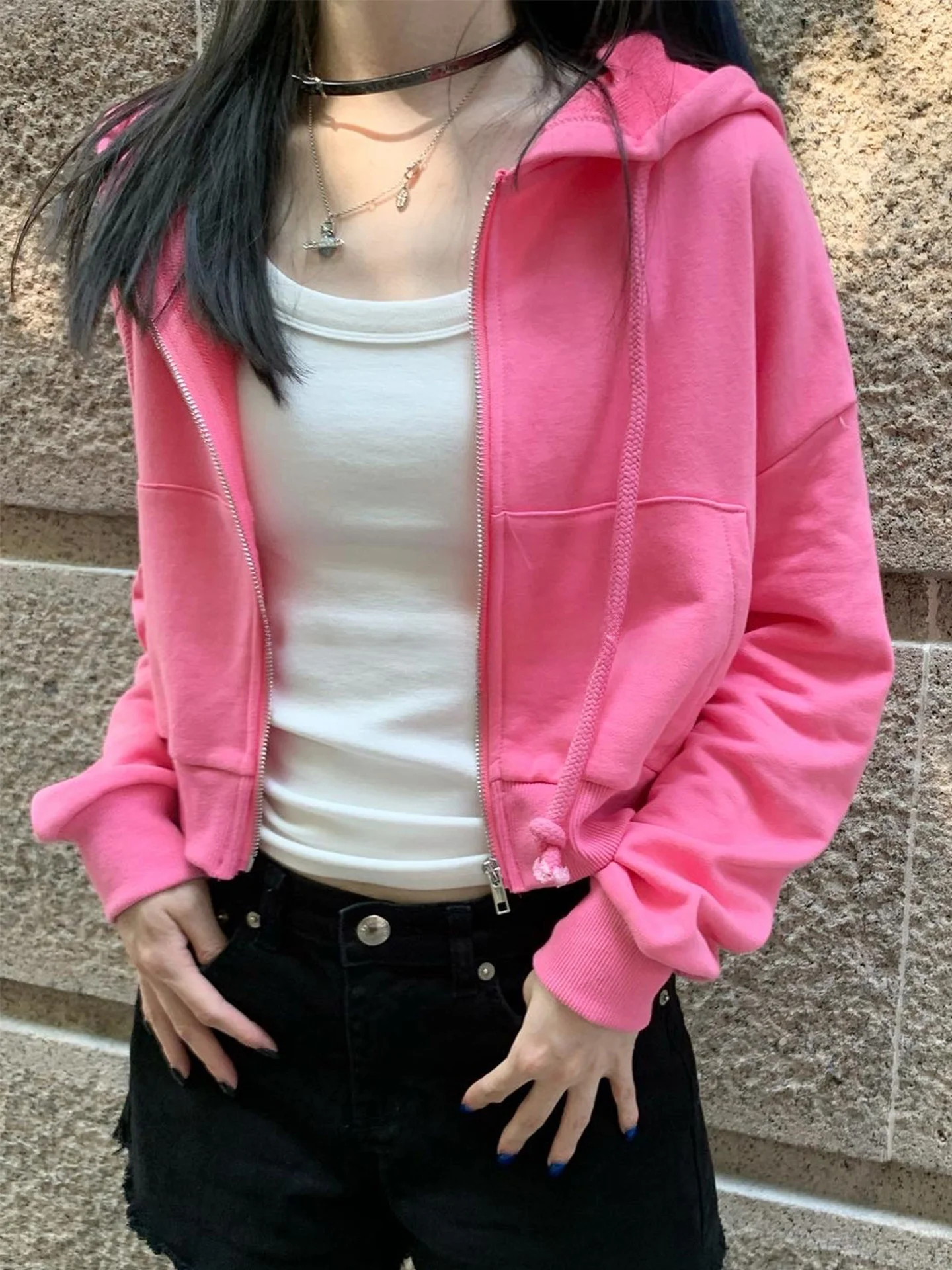 

ROUJE KEFSS Dopaamine Pink Hooded Jacket Women's Short Zipper Cardigan Casual High Waist Loose Fit Long Sleeve Autumn Coat