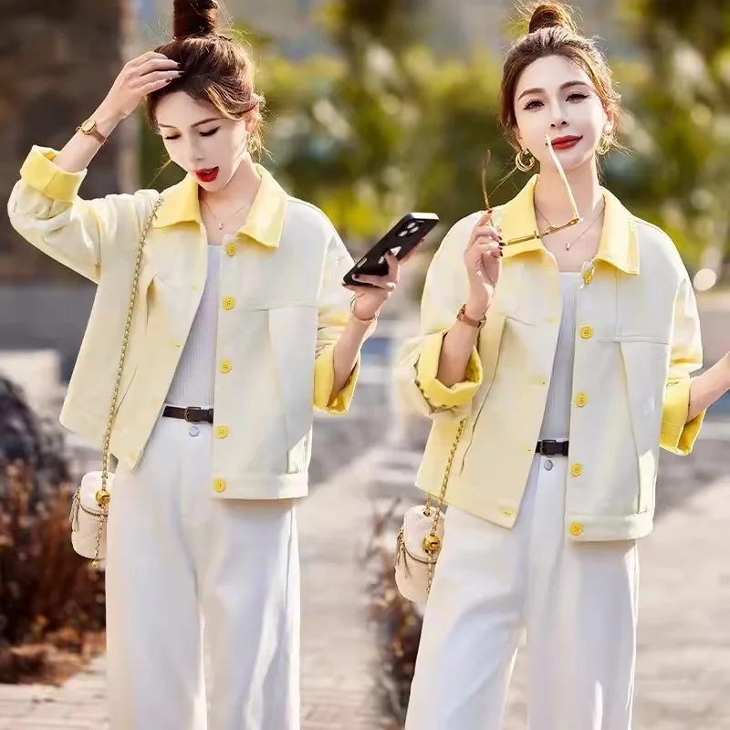 2025 المرأة التباين الدنيم سترة جديد ربيع الخريف موضة الكورية السيدات ملابس خارجية بولو طوق عادية أنثى معطف قصير القمم #5