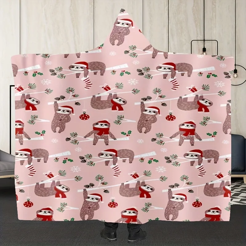 Flannel Hooded Best-Seller Cape Style Cloak Lazy Cute Gift Pink Fun Sloth Print Blanket Comfortable Soft Warm Throw Blanket