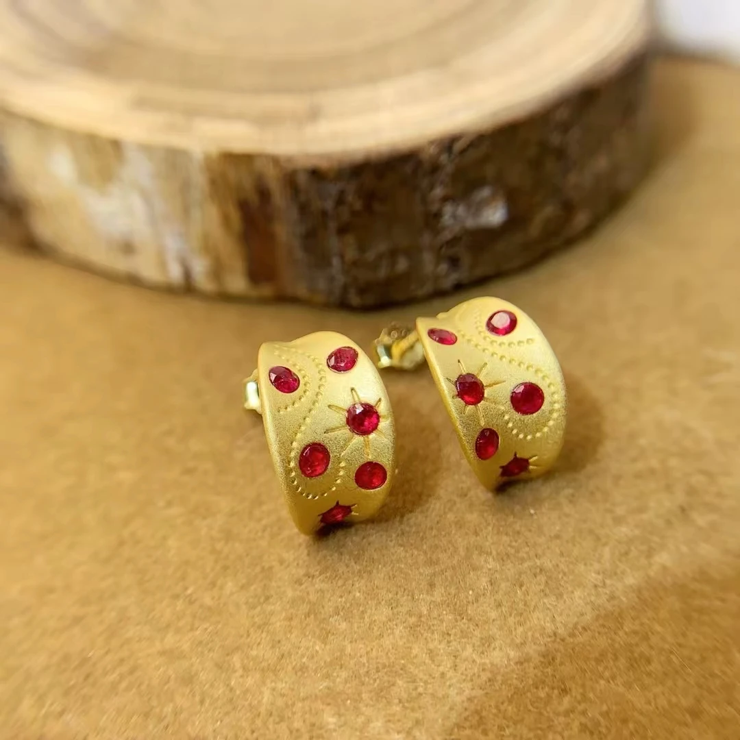 Total 0.5ct Natural Ruby Stud Earrings 2mm Myanmar Ruby 925 Silver Jewelry Design Style 18K Gold Plated Silver Gemstone Earrings