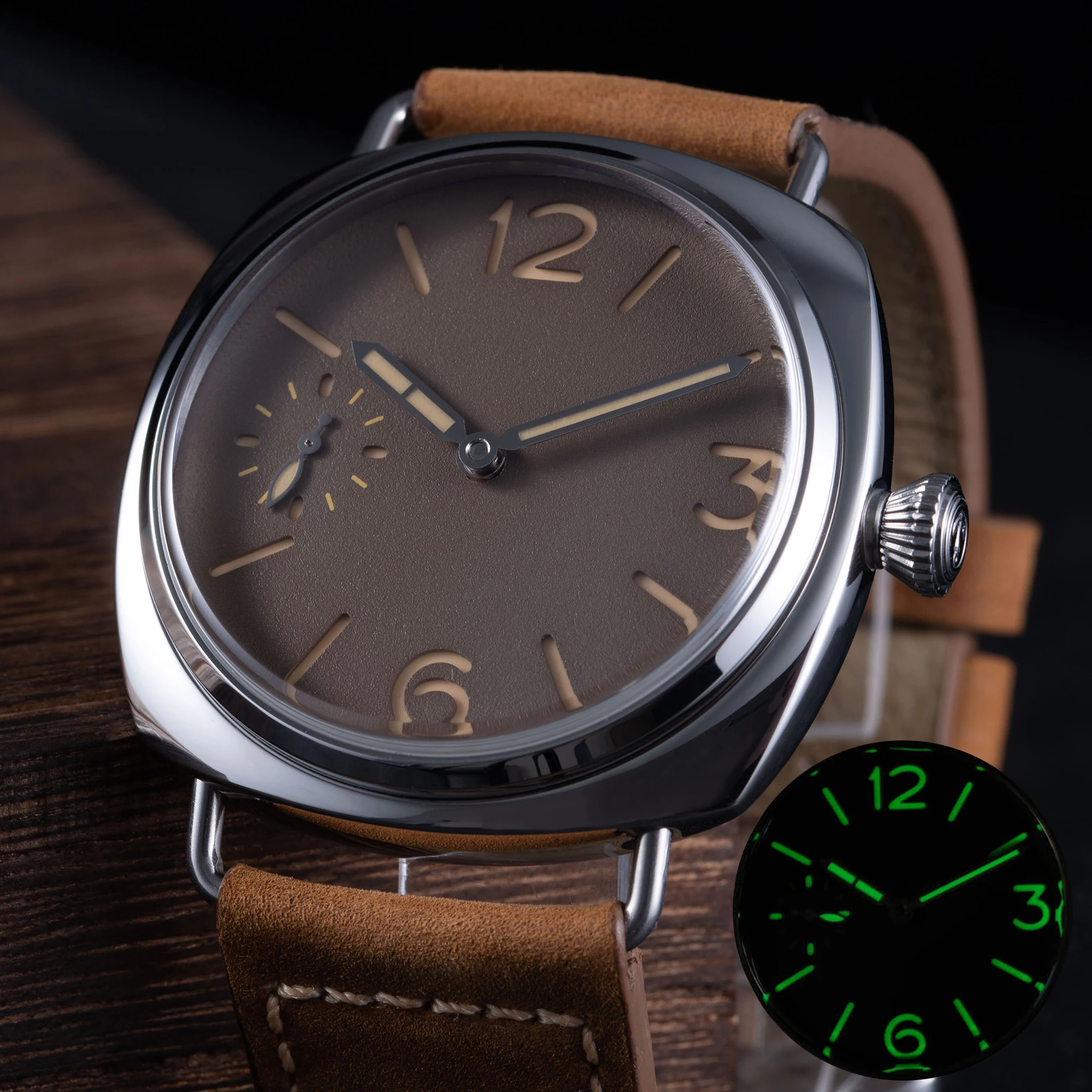 Retro Military Men Manual Wind Mechanical Watch 44mm Cushion Case Sandwich Dial Lume Small Seconds Sapphire Double-Dome Crystal