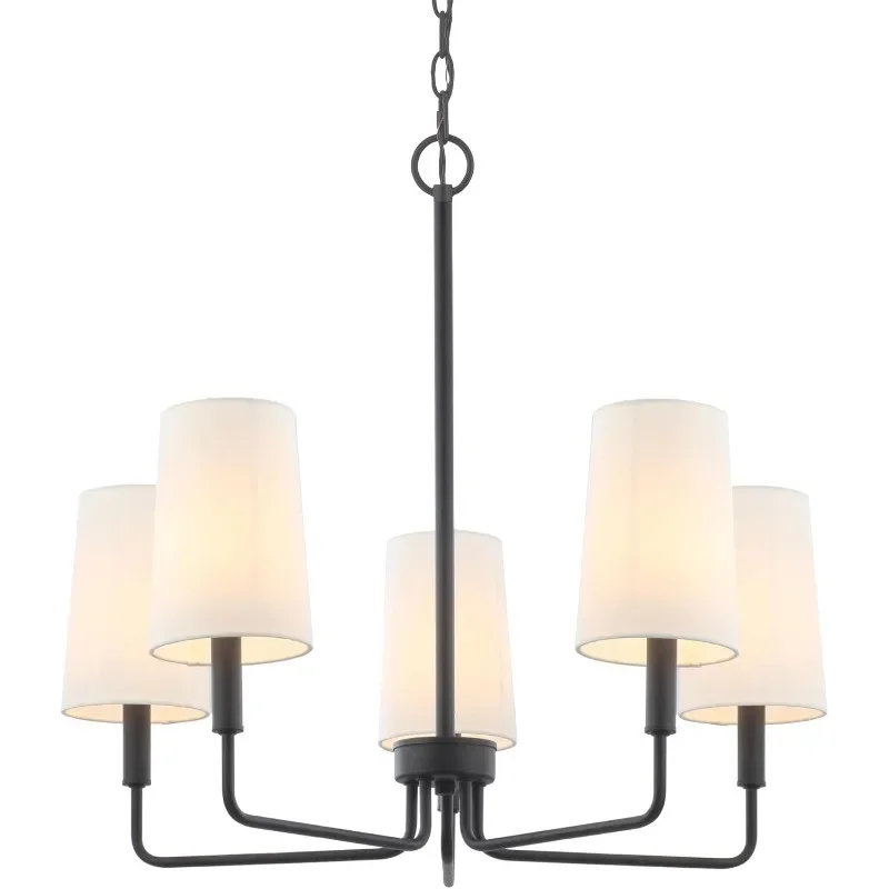 Chandelier, Matte Black with White Fabric Shade, Farmhouse Linear Island Lighting Fixture for Kitchen, Dining Room