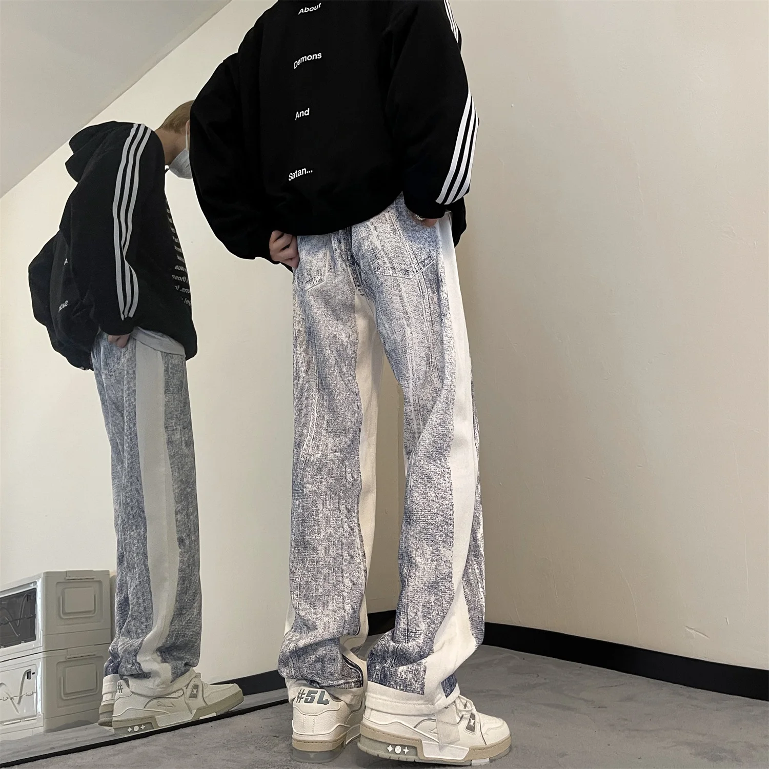 Distressed Vintage Patchwork Jeans Pants Men Casual Straight Denim Trousers Male Streetwear Fashion Jeans Black/Blue/Coffee