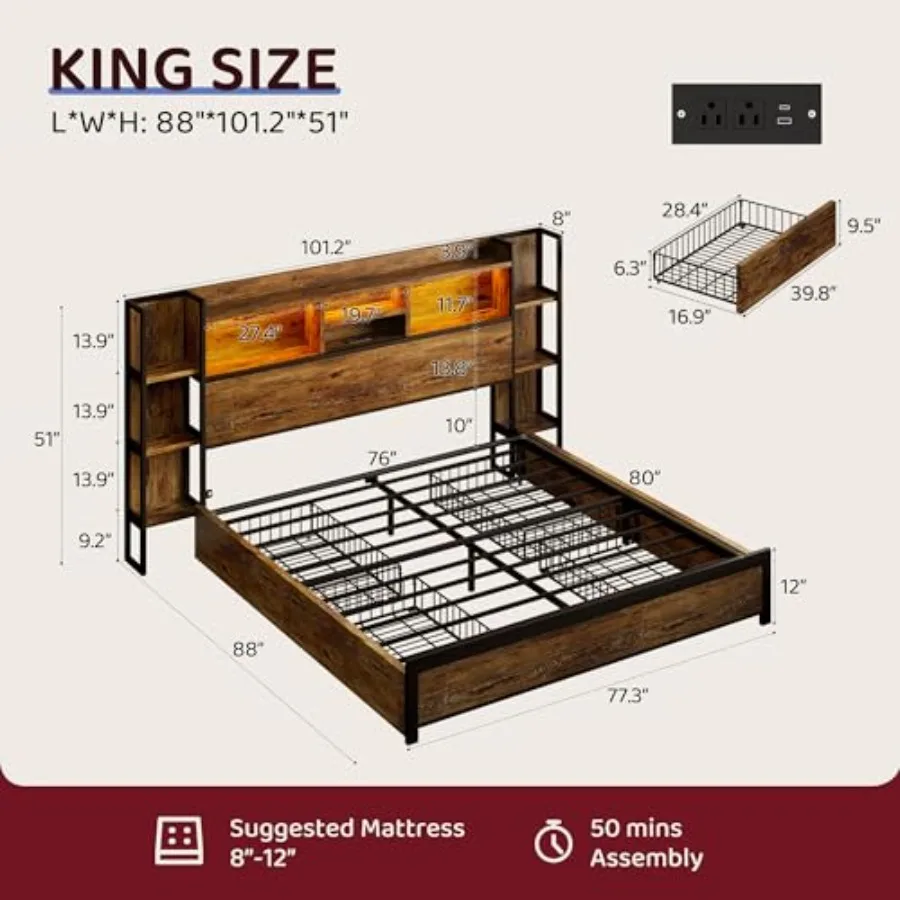 Bed frame for bedroom use, engineered wood in walnut finish, with 4 storage drawers, headboard with shelf, built-in LED lights