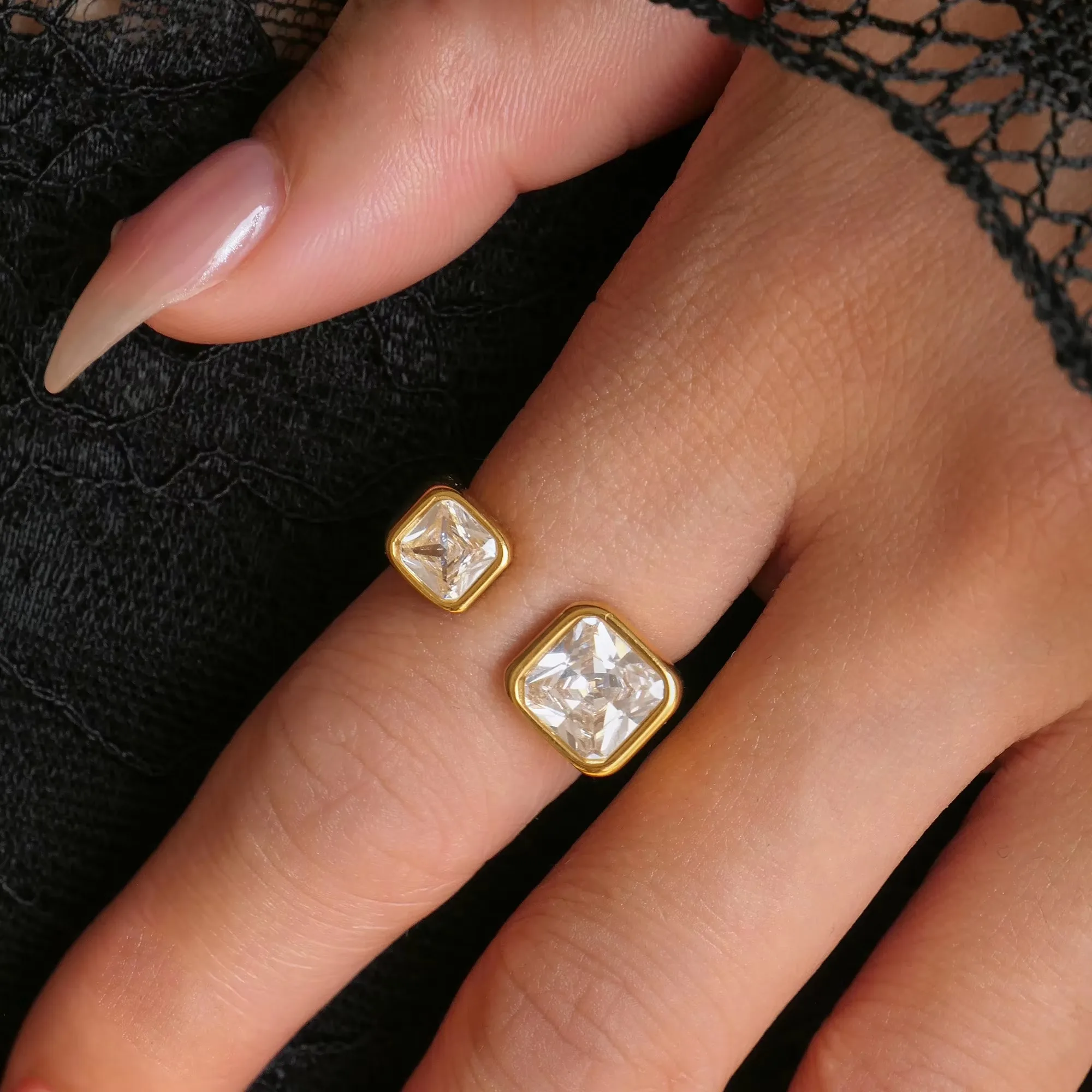 

Boho Minimalist Double Square Zircon Rings for Women Anillos Mujer 18k Gold Plated Stainless Steel Tarnish Free Luxury Jewelry