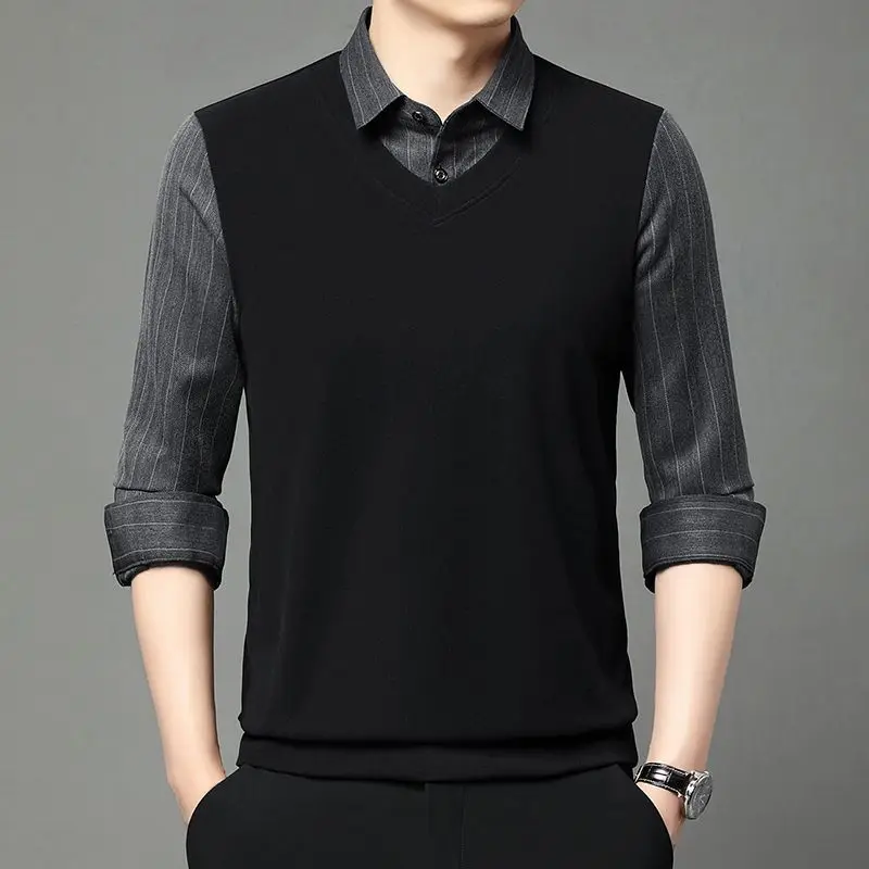 New Arrival Men's Long Sleeve Polo Shirt Faux Two Piece Design Business Casual Top for Spring Autumn​