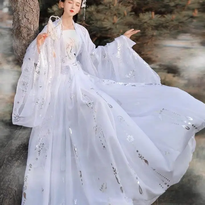 Chinese Traditional Hanfu Women\'s Folk Dance Costumes Fairy Princess Dresses Retro Girl Cosplay Clothes Black White Crane