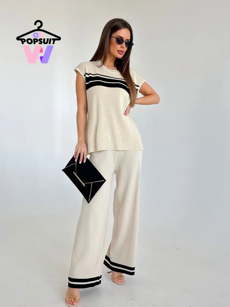 Summmer Women Knit Suit Round Neck Sleeveless Stripe Top High Waist Wide Leg Pants 2-piece Set Casual Loose Office Women Clothes