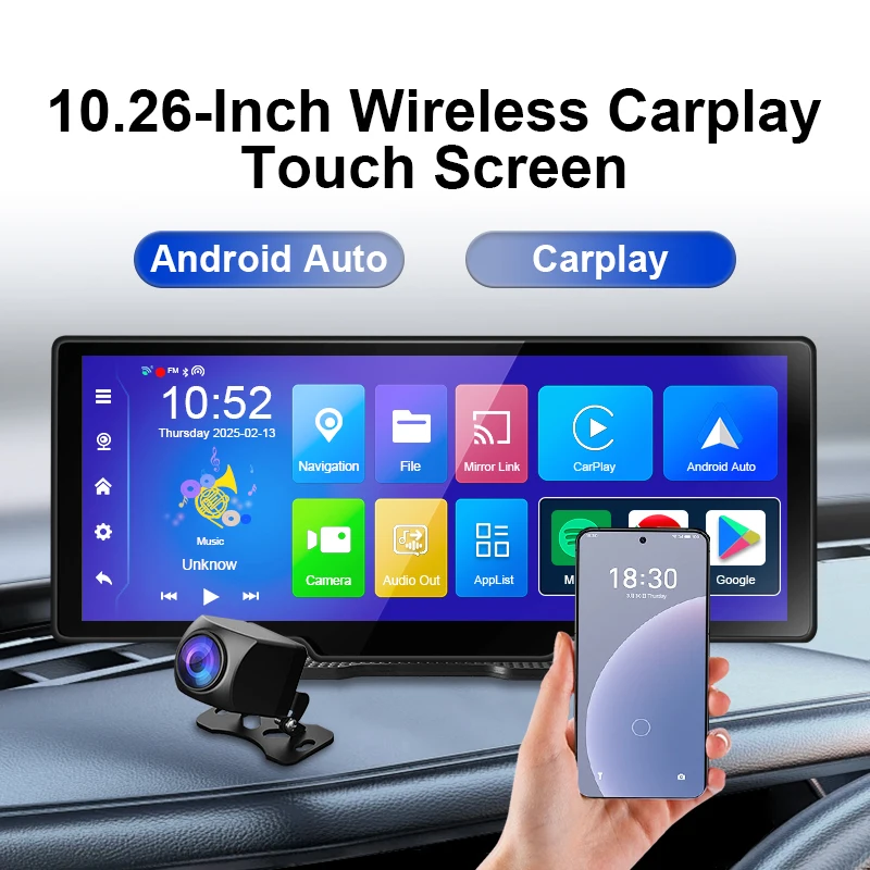 10.26 inch WIFI Wireless Android Carplay with Front and Rear Dash Cam, Android Auto Google GPS Navigator Multimedia Player