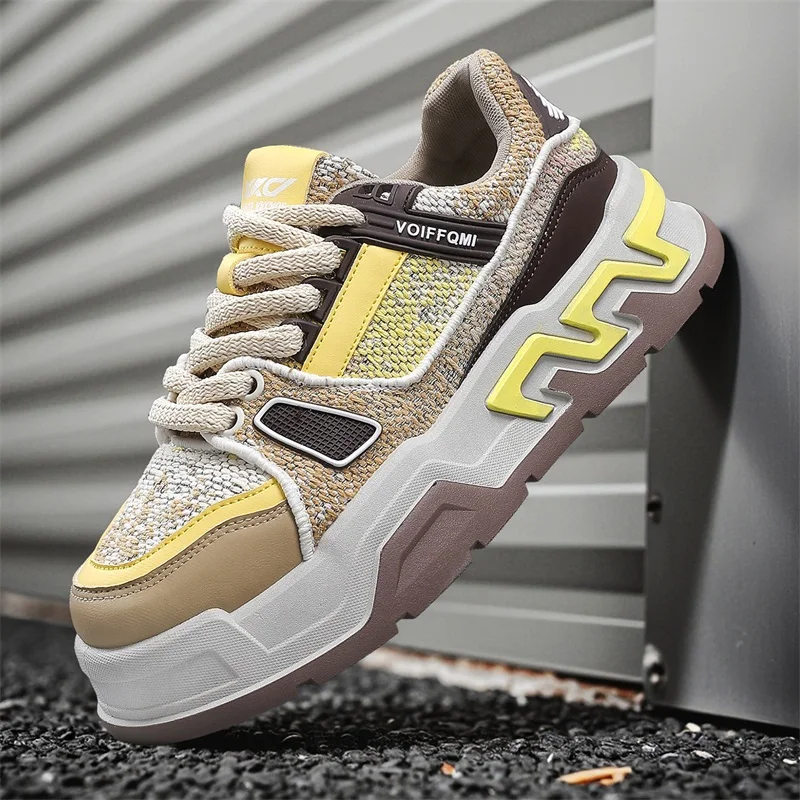 

Mens Board Shoes 2025 New Style Contrasting Color Woven Thick Sole Height Increasing Street Fashion Casual Sneakers for Man