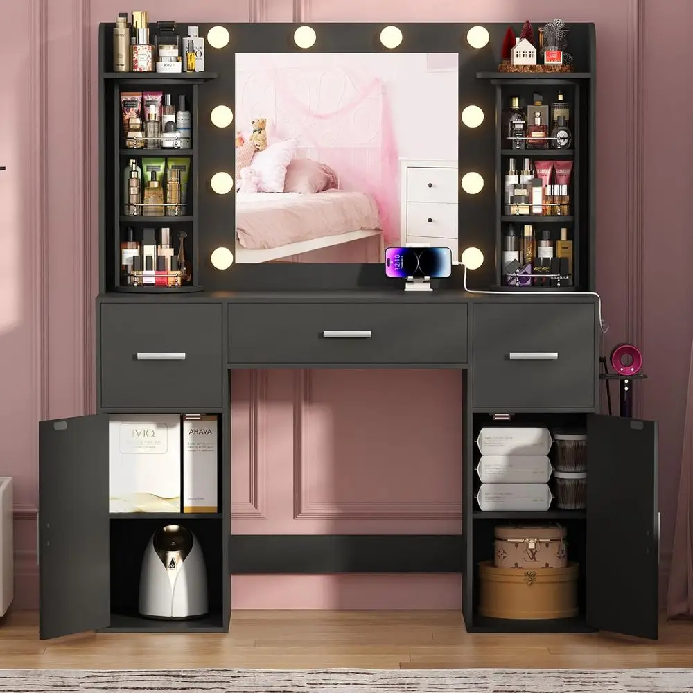 Lighted Makeup Vanity Desk with Storage, Rotating Organizers, USB-C Charging, 3 Drawers & 2 Cabinets, Bedroom & Living Room, Bla image 3