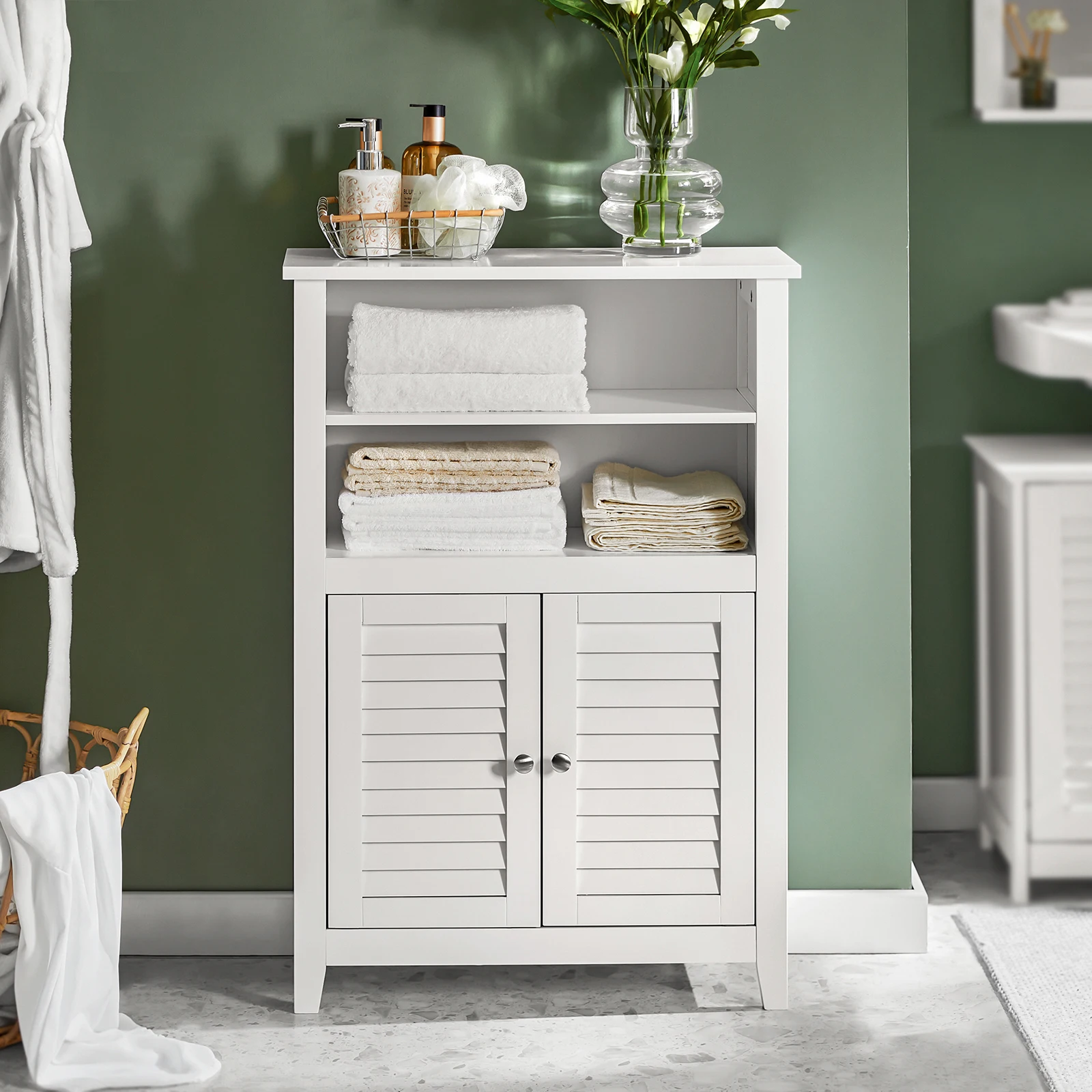 SoBuy BZR13-W Armario de baño, cómoda para baño con dos estantes y puertas, cómoda para baño, aparador, armario de pasillo, muebles de baño