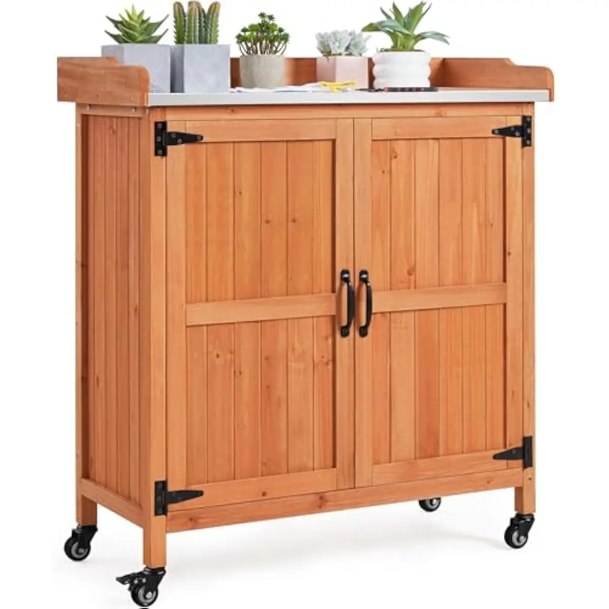 Outdoor Potting Bench with Galvanized Metal Top Fir Wood Frame Elevated Height Sturdy 154 Lb Capacity Two-Tier Closed Storage Sm