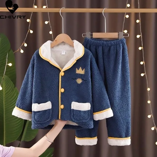 Neue Herbst Winter Kinder Flanell Pyjamas Cartoon Revers Verdicken Tops mit Hosen Baby Jungen Mädchen Nachtwäsche Pyjamas Sets Hause Tragen