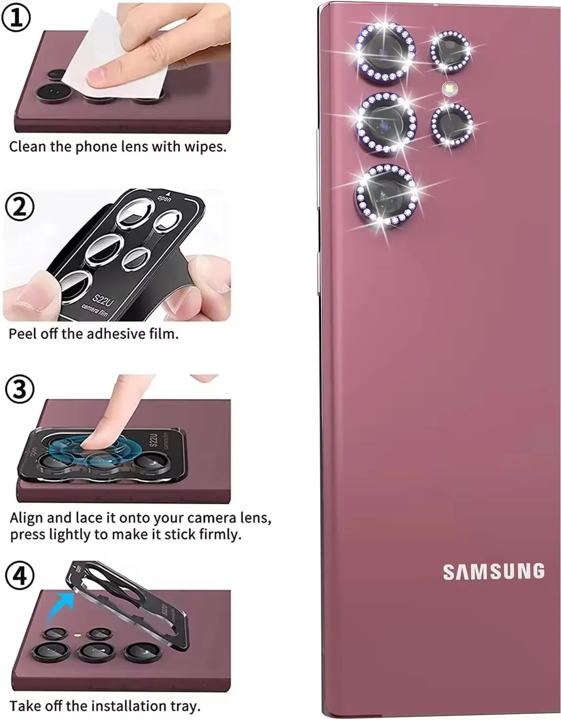 แหวนโลหะเพชรเลนส์กล้องสําหรับSamsung Galaxy S22 S23 S24 S25 Plus UltraสําหรับGalaxy S23 S24 S25 ฝาครอบเลนส์แก้ว