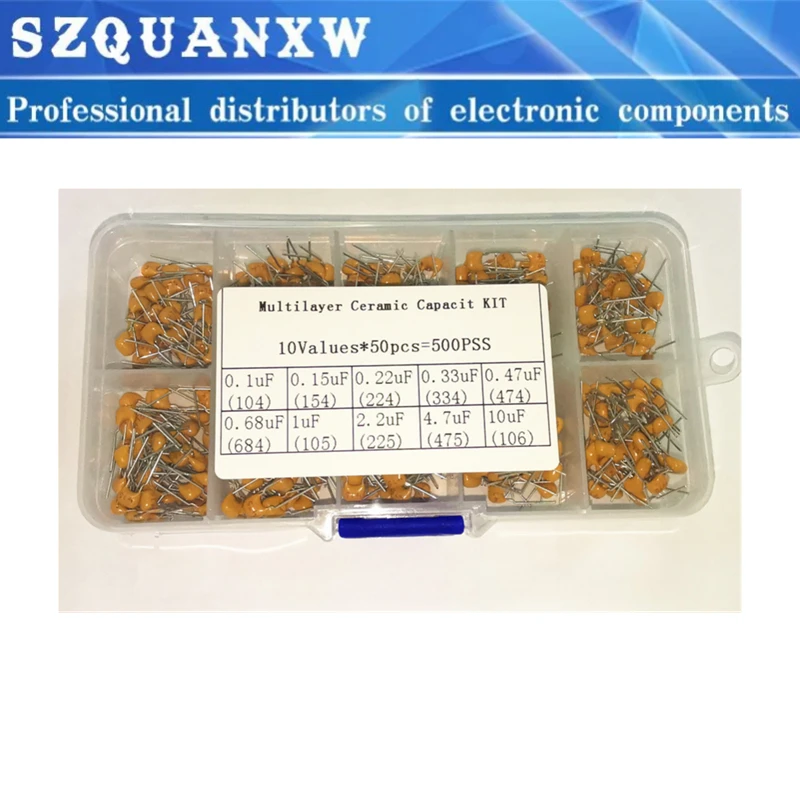 

500pcs 10value 50v 0.1uf 0.15uf 0.22uf 0.33uf 0.47uf 10uf Multilayer Ceramic Capacitor Assortment Kit