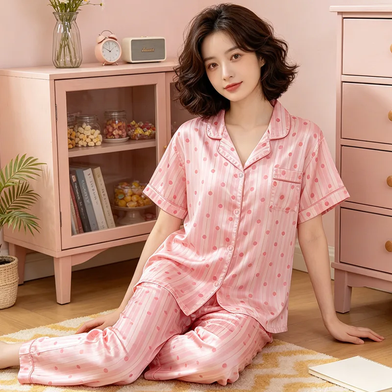 Sweet Striped Polka Dot Ice Silk Sleepwear Women's Summer High-End Temperament Short Sleeved Pants Home Suit Set Loungewear