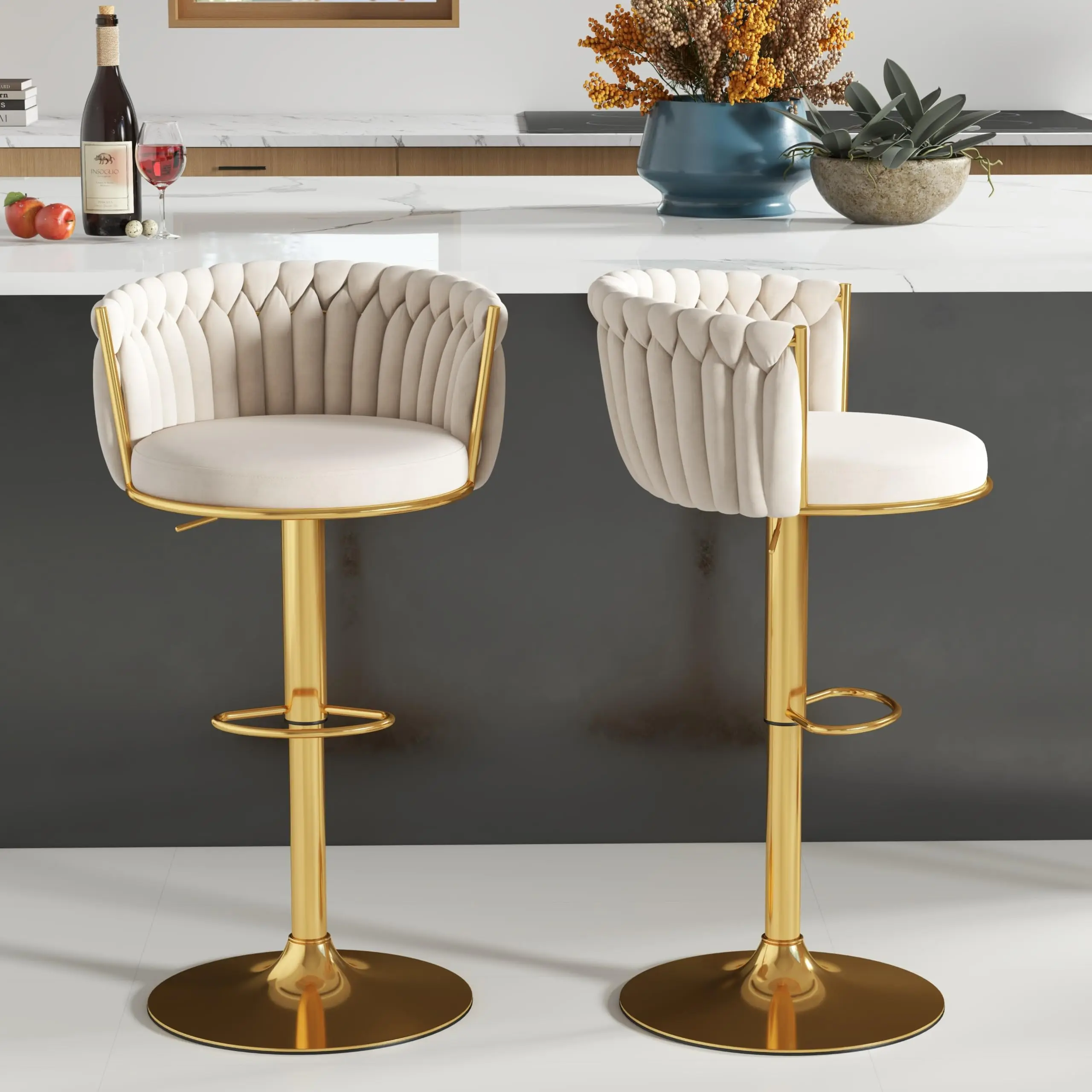 Beige Gold Bar Stool Set of 2, Adjustable Height with Woven Backrest | Luxury Velvet Upholstery, Swivel Counter Chairs