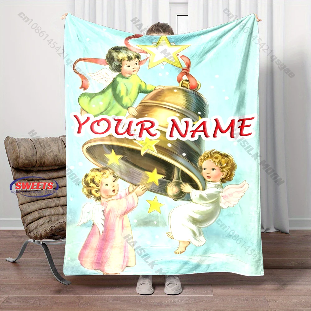 Personalized Name Christmas Angel Kids Bell Throw Blanket Custom Vintage Retro Angel Star Flannel Blanket Xmas Home Decor Gift