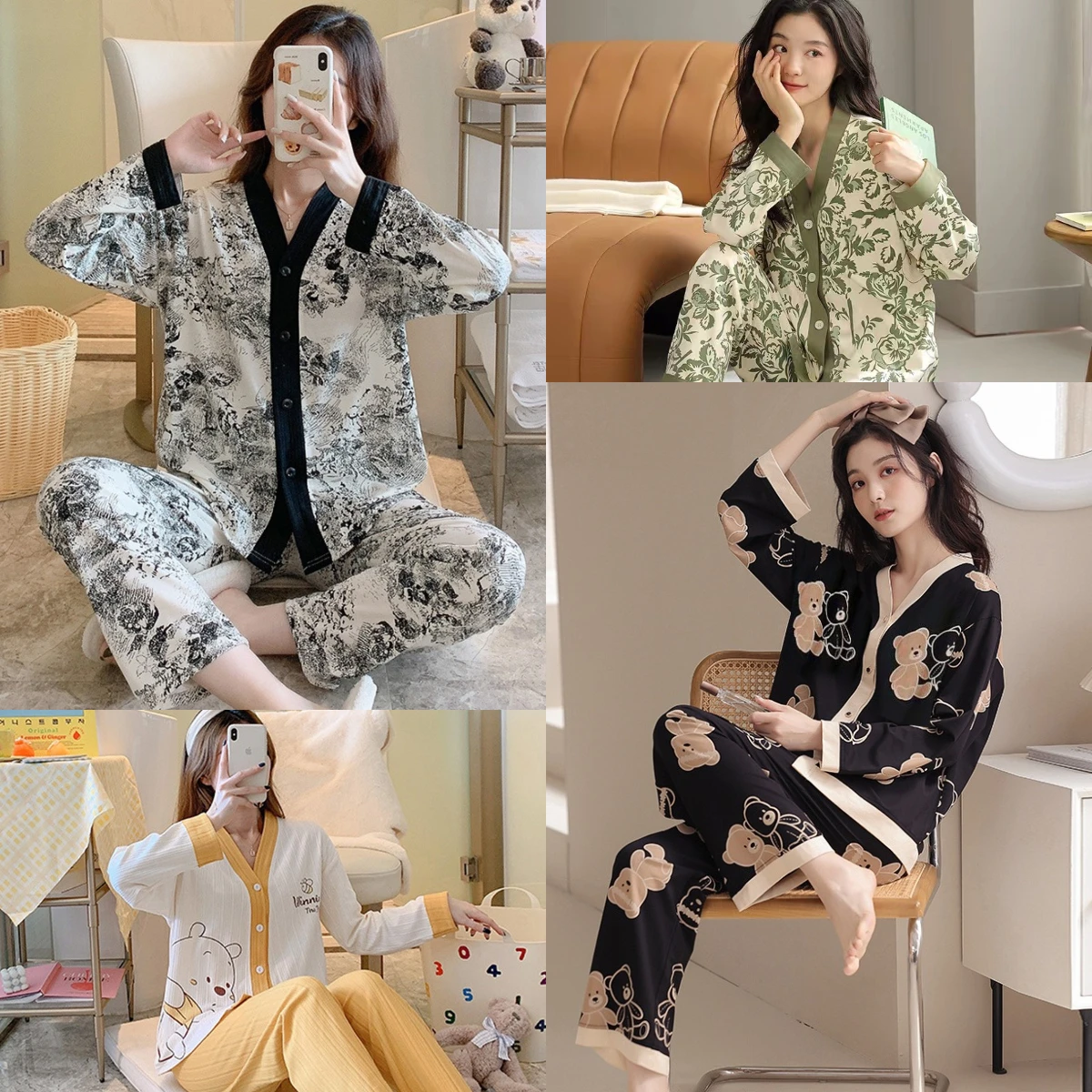 Two-Piece Women\'s Pajamas  Spring And Fall Models Cardigan Long-Sleeved Pants Cute Girl Models Casual Comfortable Homewear Suit