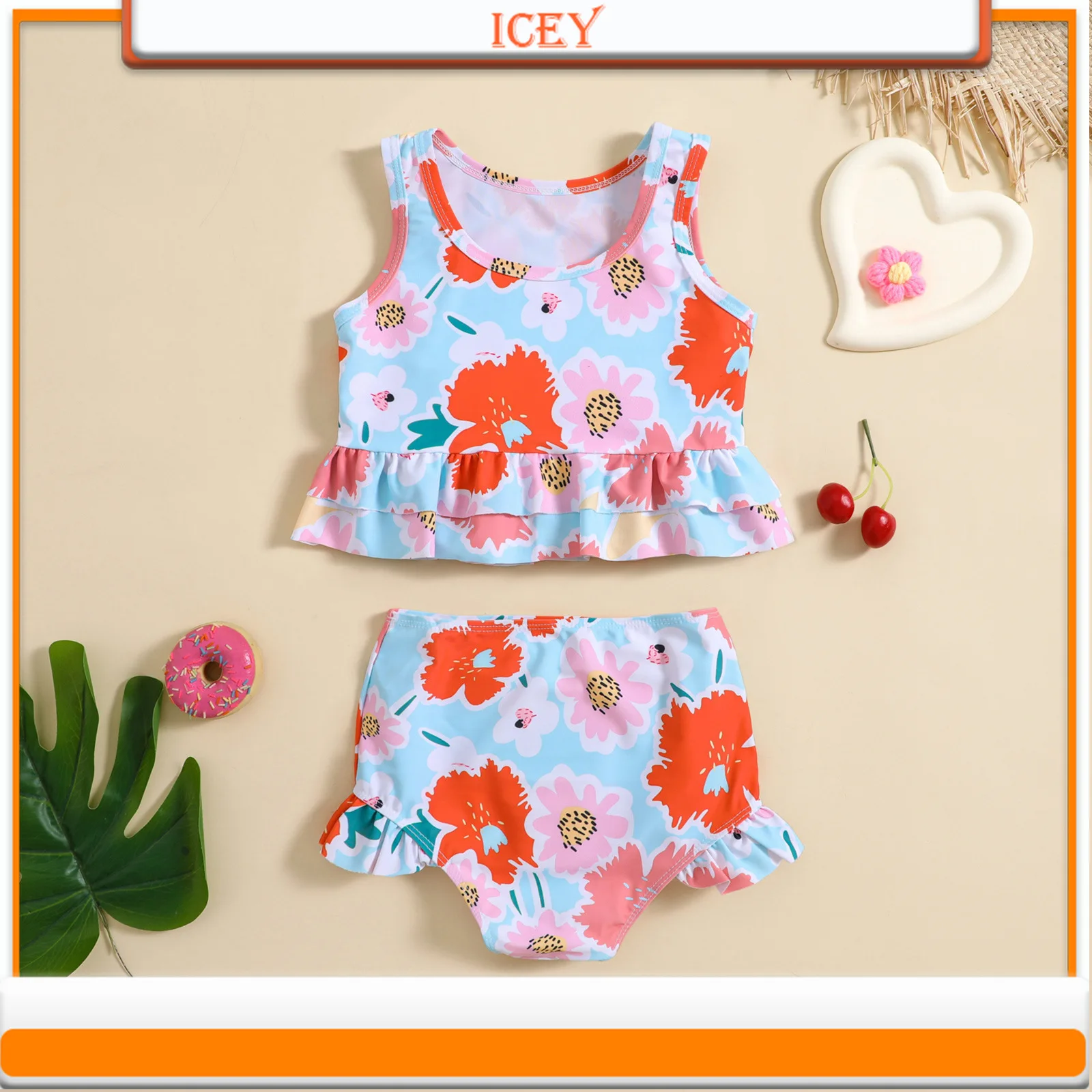 Cute Flower Print Split Swimsuit Set for Girls and Baby Girls Two-Piece Suits