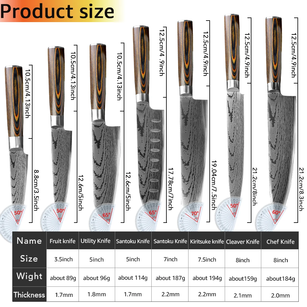 Kitchen Knife Chef Japanese Slicing Santoku Cleaver Utility 1-7 Set Knives 7CR17 440C Stainless Steel Imitation Damascus Sanding