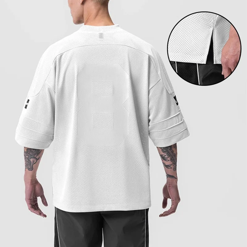 Loose Large Size V-Neck Short Sleeve Drop Shoulder Sleeve Mesh Quick Dry Sports T-Shirt