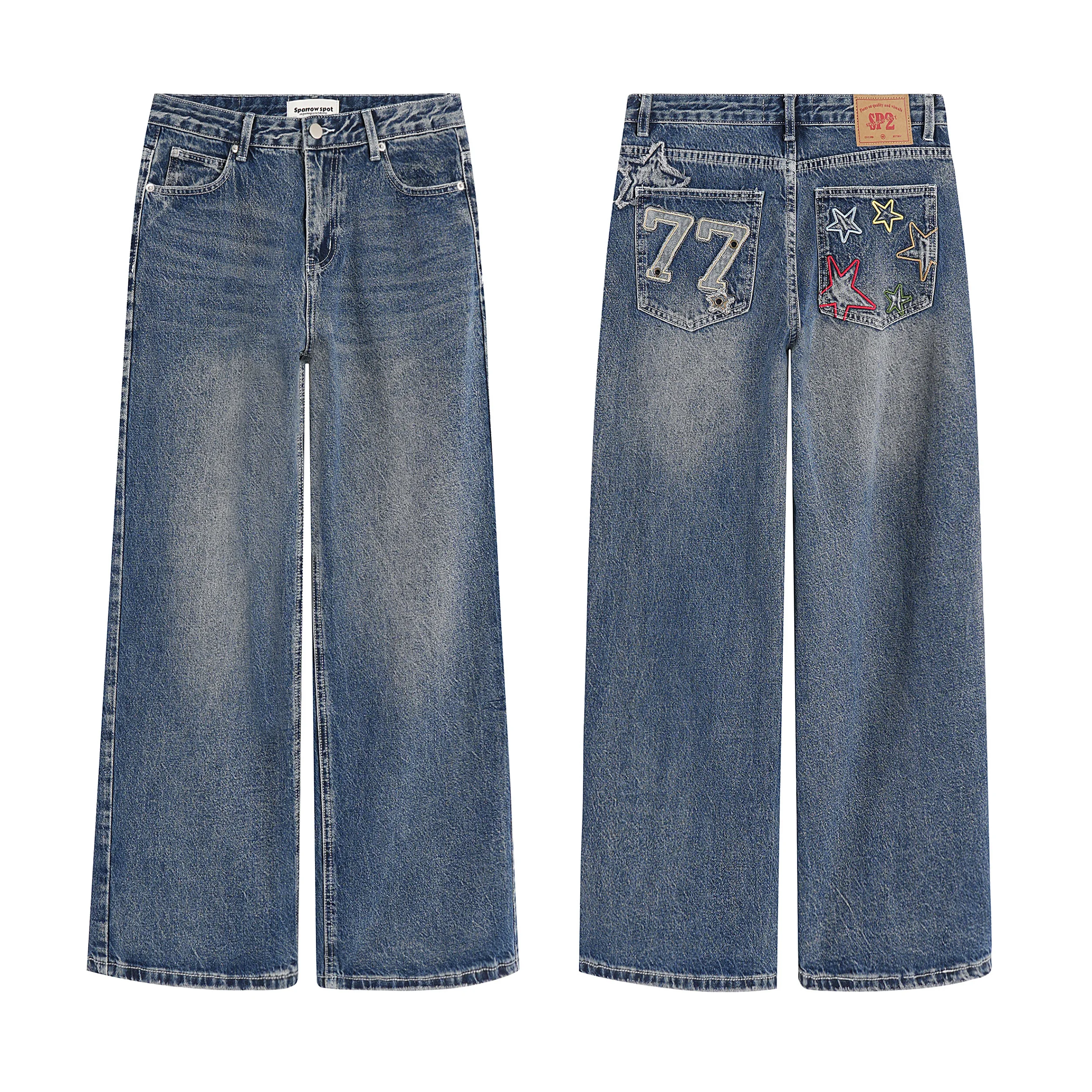 

Waed American Sle Star Embroidery Women's Loose Casual Wide Leg Jeans Cotton l Waist Zipper Fly Four Seasons