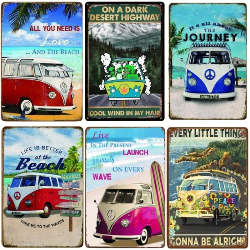 Metal Tin Poster Retro Camper Beach Summer Bus Tin Sign Metal Plaque Poster for Bar Beach Cafe Vintage Decorative Painting