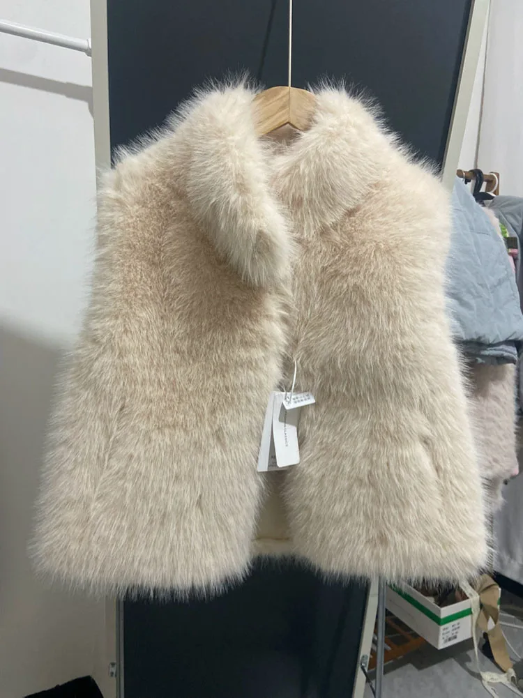 Winter Women's Faux Fur Vest Coat American Casual Fashion Retro Solid Color Stand Up Collar Sleeveless Thick Warm Plush Jacket
