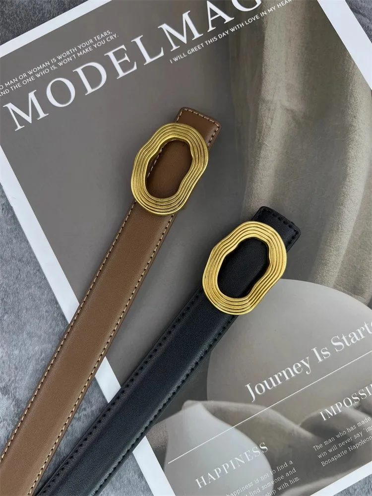 

Women's Vintage Gold Buckle Genuine Leather Corset Female Cummerbund Coat Waistband Dress Decration Narrow Belt J045